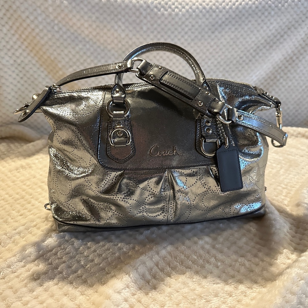 Coach Ashley Perforated Metallic Silver Leather Satchel Handbag